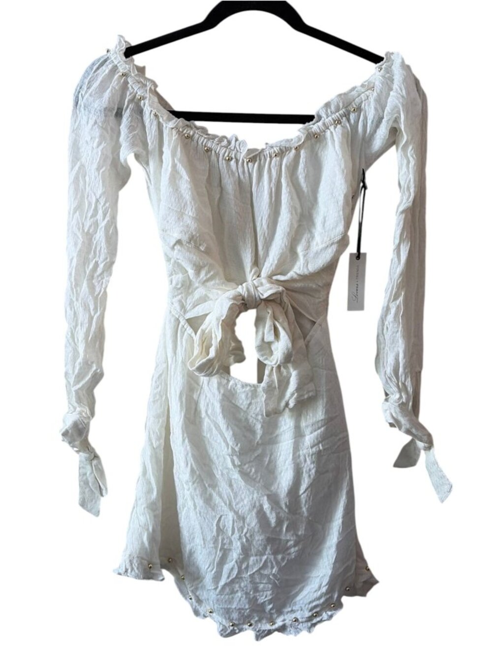 Lovers + Friends White Crinkle Tie Front Off Shoulder Long Sleeve Mini Dress XS